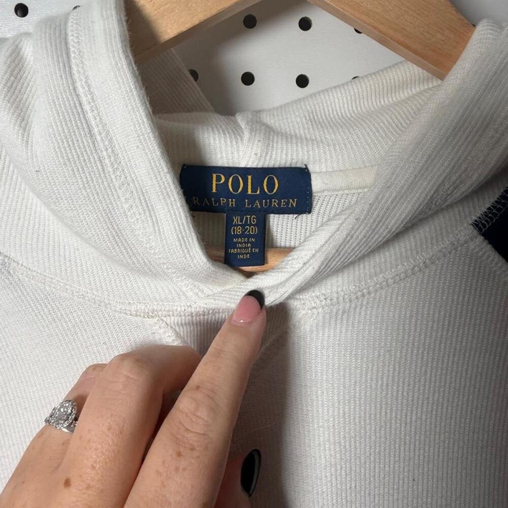 Polo Ralph Lauren Hoodie Womens XL White Navy Patchwork Plaid Pullover Preppy - Picture 2 of 5